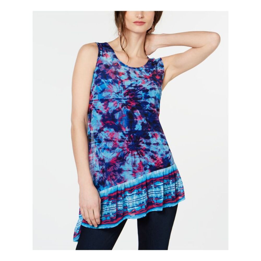 INC Womens Blue Tie Dye Sleeveless Jewel Neck Top Size: S